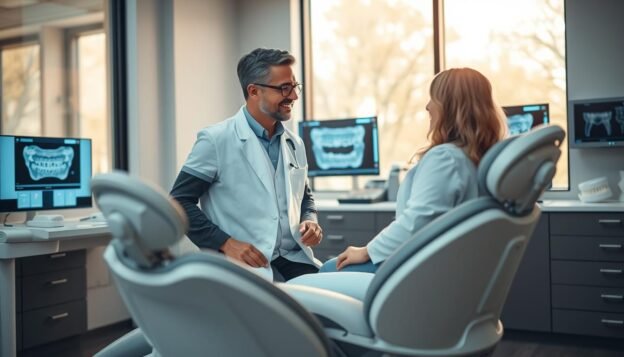 A modern dental clinic setting focused on Invisalign treatment, featuring a high-tech dental chair in the foreground. Illuminate the scene with soft, natural light coming through large windows, creating a calming atmosphere. In the middle ground, a dentist in professional attire is consulting with a patient, both engaged in a discussion about the implications of severe alveolar bone loss on the Invisalign process. The background showcases dental models and digital screens displaying treatment plans, enhancing the advanced technology aspect. The overall mood should convey professionalism, care, and the importance of addressing challenges in orthodontics, particularly related to Invisalign and bone health. Capture this scene with a slight tilt-angle perspective, emphasizing the interaction between the dentist and patient without any text or overlays.