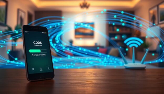 A seamless transition scene illustrating the connection process of UG Entertainment City during a 4G to home Wi-Fi switch. In the foreground, depict a sleek, modern smartphone showcasing a mobile application with a loading bar symbolizing connection stability. In the middle ground, visualize a swirling digital landscape of vibrant blue and green lights, symbolizing data streams and connectivity. In the background, show a stylized representation of a cozy home environment with a Wi-Fi router emitting signals. The lighting should be soft and warm, giving an inviting atmosphere, while a focus on depth creates a sense of fluidity in the transition. The overall mood conveys efficiency and technological advancement without any text or distractions.