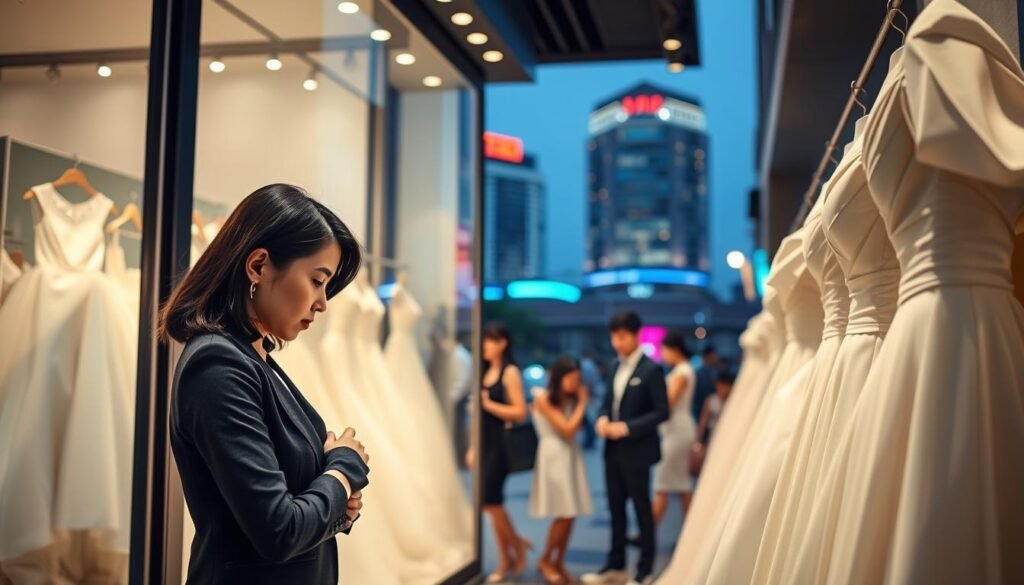 A sleek and modern Taipei evening scene focusing on a stylish bridal shop window display, showcasing elegant wedding dresses and formal attire in various pastel colors. In the foreground, a well-dressed female business professional in formal wear examines a dress, her stance confident and poised. In the middle ground, a slight blur of other potential clients browsing the shop, contributing to the bustling atmosphere. The background features iconic Taipei city buildings softly illuminated at dusk. Soft, ambient lighting enhances the inviting nature of the scene, with a focus on the intricacies of the dress fabrics and the elegance of professional attire. The overall mood is one of sophistication and competitiveness in a vibrant market.