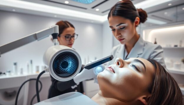 A sophisticated aesthetic clinic interior showcasing the process of picosecond laser therapy (皮秒去斑) for skin rejuvenation. In the foreground, a close-up of a clinician in professional attire demonstrating the technique on a patient, whose face reflects a serene expression. The clinician works with advanced equipment featuring a honeycomb lens, emphasizing the innovative technology. The middle ground includes a sleek clinical workstation with skincare products displayed neatly, evoking a sense of cleanliness and professionalism. In the background, soft ambient lighting creates a calm atmosphere, with serene colors like white and light blue contributing to a feeling of tranquility and trust. The entire scene should evoke a sense of hope and effectiveness for individuals seeking solutions for acne scars and enlarged pores.