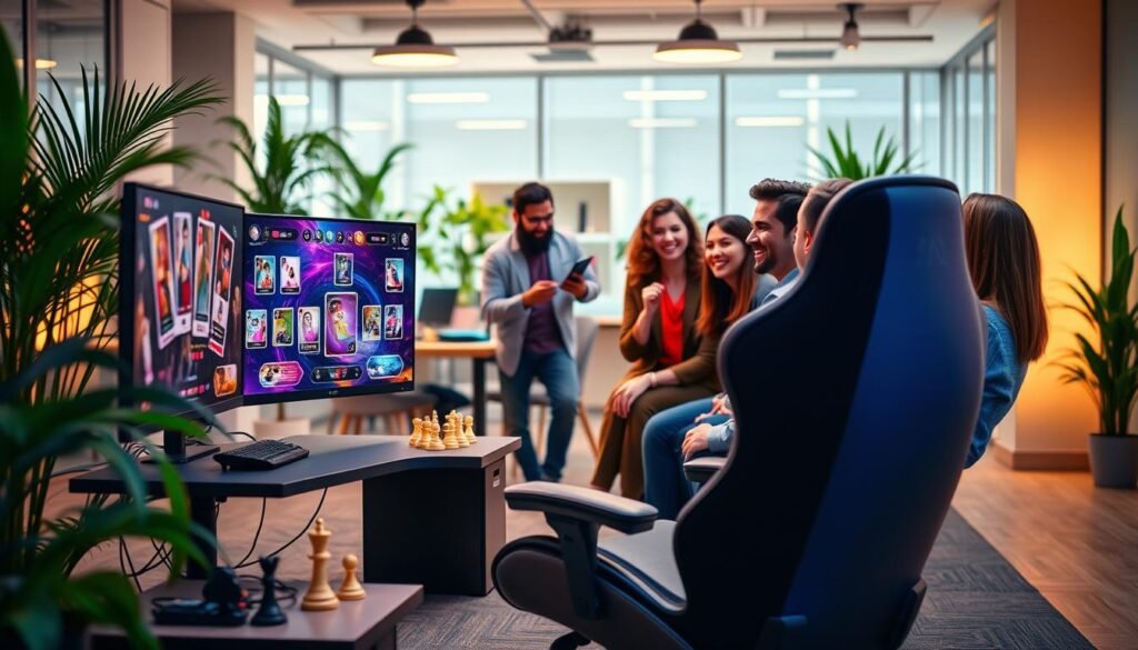 A vibrant and inviting scene depicting a modern gaming platform associated with "3A Entertainment." In the foreground, showcase a stylish, well-designed computer setup with a sleek monitor displaying an exciting online card game interface. Surround it with elements like a cozy gaming chair and a few strategic chess pieces, emphasizing relaxation. In the middle ground, illustrate a group of diverse professionals, dressed in smart casual attire, engaged in friendly competition and laughter, adding a sense of camaraderie. In the background, a soft-focus view of a bright office environment with plants and soft lighting to create an inviting atmosphere. Capture warm, ambient lighting that enhances the mood of leisure and enjoyment, suggesting stress relief and social interaction.
