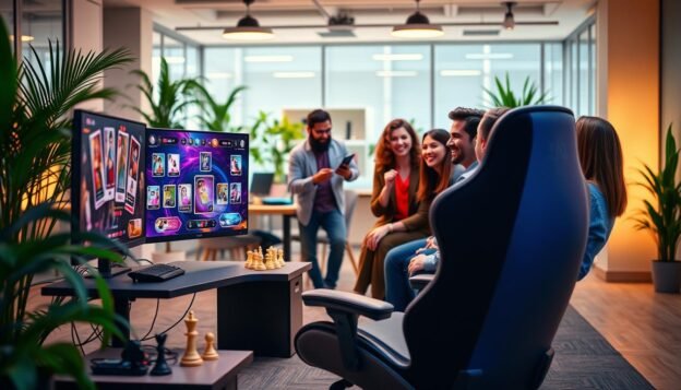 A vibrant and inviting scene depicting a modern gaming platform associated with "3A Entertainment." In the foreground, showcase a stylish, well-designed computer setup with a sleek monitor displaying an exciting online card game interface. Surround it with elements like a cozy gaming chair and a few strategic chess pieces, emphasizing relaxation. In the middle ground, illustrate a group of diverse professionals, dressed in smart casual attire, engaged in friendly competition and laughter, adding a sense of camaraderie. In the background, a soft-focus view of a bright office environment with plants and soft lighting to create an inviting atmosphere. Capture warm, ambient lighting that enhances the mood of leisure and enjoyment, suggesting stress relief and social interaction.