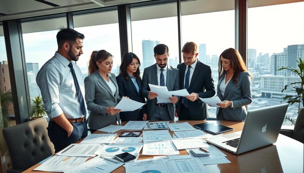 A professional security compliance check in an upscale office environment. In the foreground, a diverse group of security professionals dressed in business attire are engaged in a serious discussion, examining documents related to licensing and qualifications. The middle ground features a table cluttered with charts, compliance checklists, and a laptop displaying compliance software. In the background, large windows showcase a modern cityscape, giving a sense of legitimacy and professionalism. Natural light streams in, casting a warm glow over the scene, enhancing the atmosphere of diligence and responsibility. The image should convey a mood of seriousness and trustworthiness, underscoring the importance of compliance in the security industry.
