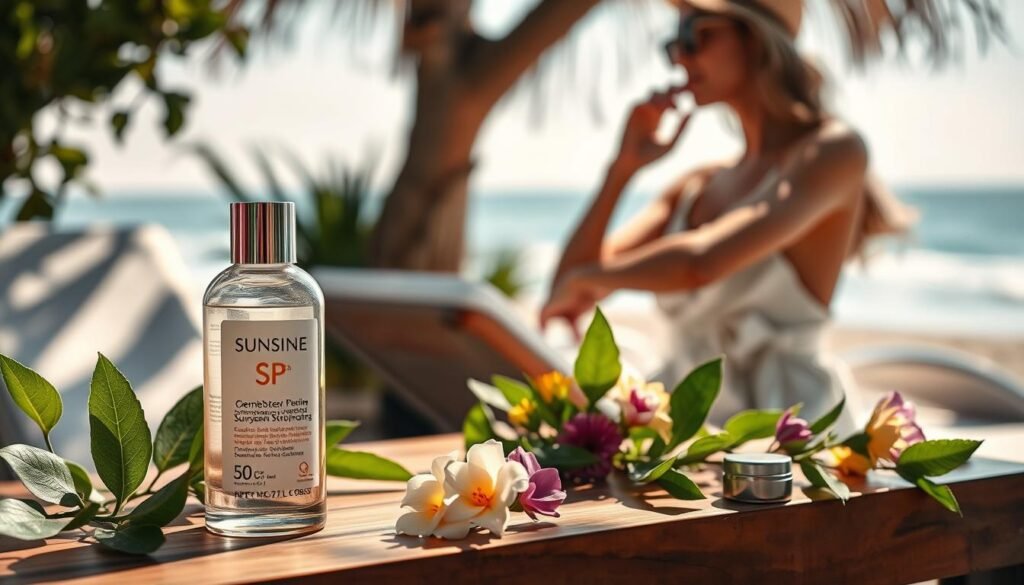 A serene outdoor scene depicting a luxurious skincare setting featuring a high-end sunscreen bottle placed elegantly on a wooden table. In the foreground, the sunscreen bottle is illuminated by soft, diffused sunlight, showcasing its elegant design and labels that highlight SPF benefits. Surrounding the bottle are fresh green leaves and colorful flowers, enhancing the natural beauty theme. In the middle ground, a woman in casual yet refined clothing applies sunscreen onto her arms, demonstrating the importance of proper application. In the background, a peaceful beach scene fades into soft blue waves under a clear sky. The mood is refreshing and inviting, embodying a sense of care and preparation for outdoor activities. The lighting is warm and inviting, evoking a sense of wellbeing and summer.
