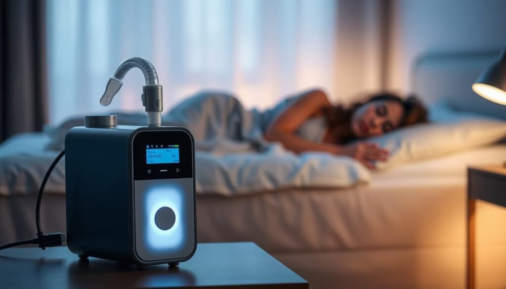 A sleek, modern sleep apnea machine prominently displayed in the foreground, showcasing its innovative quiet technology with a soft, ambient glow emanating from its control panel. In the middle ground, a peaceful bedroom scene featuring a person sleeping soundly on a comfortable mattress, dressed in modest sleepwear, illustrating the benefit of noise reduction. The background is softly blurred with calming colors like blue and grey, enhancing the serene atmosphere. The lighting is gentle and warm, creating an inviting and tranquil setting. A focus on clean lines and modern design illustrates the advanced engineering of the device, emphasizing its role in promoting restful sleep through silence.
