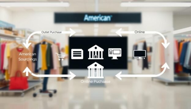 A detailed flowchart depicting the process of American sourcing, focusing on the differences between outlet in-person purchases and online purchases. In the foreground, clearly illustrated arrows guiding the viewer through each step of the process, with sections labeled 'Outlet Purchase' and 'Online Purchase'. In the middle, icons representing shopping carts, websites, and a store building to symbolize the purchasing methods. The background features a stylized shopping outlet and a computer screen, creating a harmonious blend of online and offline shopping environments. Use bright, professional lighting to enhance clarity, with a clean, minimalist design. The mood should convey efficiency and clarity, suitable for an informative article.
