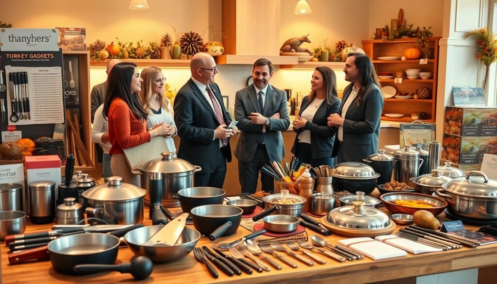 A well-organized marketplace scene showcasing various American-sourced kitchen tools and Thanksgiving turkey preparation items. In the foreground, a stylish wooden table filled with an array of high-quality kitchen gadgets, including carving sets, roasting pans, and measuring tools, all reflecting a modern aesthetic. In the middle ground, a diverse group of professionals dressed in smart casual attire discussing product recommendations, representing personal, platform, and company-based purchasing styles. The background features a warm, inviting kitchen with autumn-themed decorations, soft golden lighting that creates a cozy atmosphere. The image captures an engaging moment of collaboration and discovery among shoppers, conveying a strong sense of community and shared enthusiasm for Thanksgiving preparations. The angle is slightly elevated, offering a comprehensive view of the display and interactions.