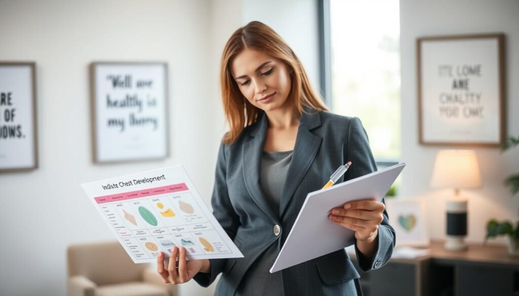 A professional woman in a modest, tailored outfit stands confidently in an office setting, reflecting self-assuredness and health. In the foreground, she examines a brochure titled “Indicators of Chest Development,” while holding a pencil and notepad, symbolizing a thoughtful assessment. The middle ground features a soft-focus chart with graphical indicators of breast health and development, blending harmoniously with the environment. The background includes motivational quotes framed on the walls, enhancing the atmosphere of empowerment and wellness. The lighting is bright and uplifting, emphasizing a clean, modern office space with soft natural light filtering through large windows. The mood is inspirational, reflecting an atmosphere of health-consciousness and self-awareness.