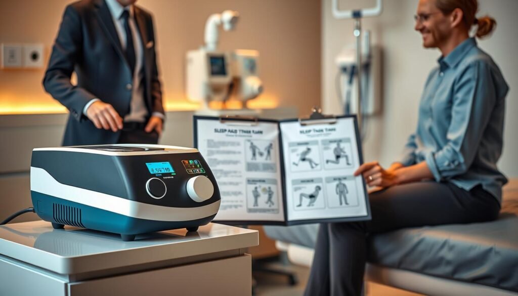 A realistic medical setting featuring a sleep apnea machine prominently displayed on a sleek hospital bedside table. In the foreground, a healthcare professional in a neat business attire, attentively demonstrating the machine to a patient, who is seated comfortably, wearing modest casual clothing. In the middle, showcase a detailed rehabilitation therapy plan on a clipboard, partially visible, with diagrams of exercises that complement the use of the sleep machine. The background should include soft, warm lighting that creates a calming atmosphere, with medical equipment subtly integrated, hinting at a focus on recovery and health. The composition should convey a sense of professionalism, care, and the integration of technology in rehabilitation.