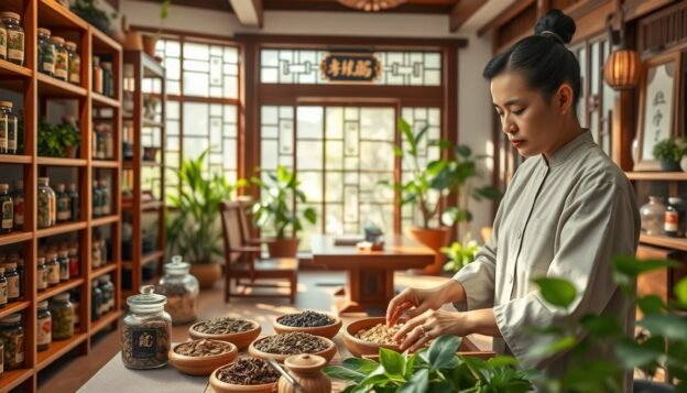 A serene and inviting traditional Chinese medicine clinic interior, showcasing herbal remedies for eczema treatment. In the foreground, a skilled practitioner in modest attire is preparing various Chinese herbs, surrounded by wooden shelves filled with jars labeled with herbal names. The middle ground features a consultation area with an elegant wooden table and acupuncture needles, conveying professionalism. In the background, soft natural light pours in through large windows, illuminating plants and traditional Chinese decor, creating a calming atmosphere. The scene evokes a sense of healing and expertise, reflecting the ancient practice of treating eczema with herbal medicine and personalized care.